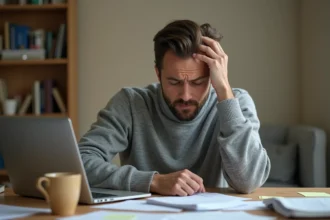 Homme confus devant son ordinateur portable commettant des erreurs lors d'une recherche d'adresse en ligne