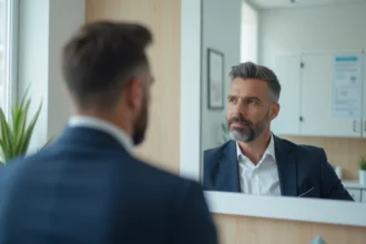 Homme d'âge moyen dans une clinique moderne regardant son reflet