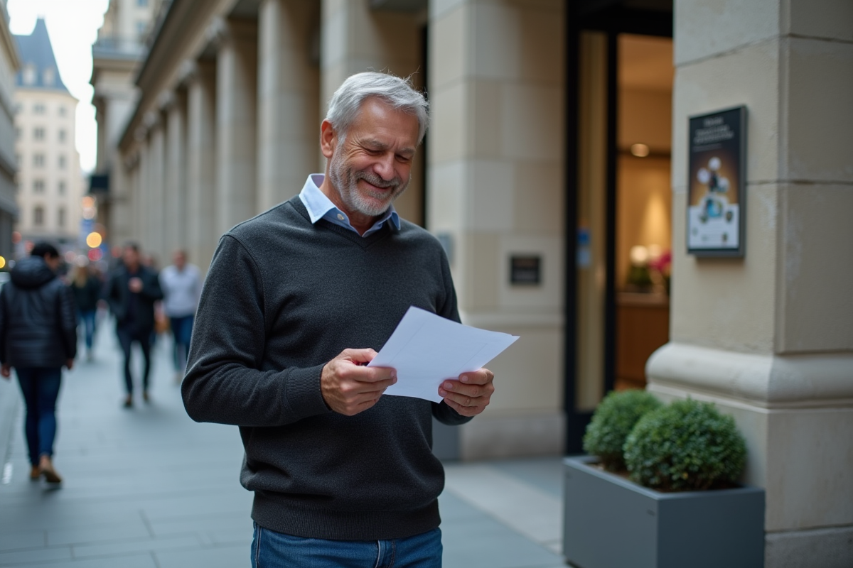 Homme vérifiant un relevé bancaire dans la rue