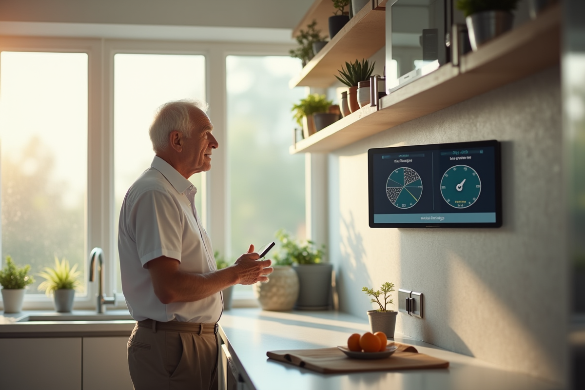 Homme âgé regardant un écran de suivi énergétique dans la cuisine