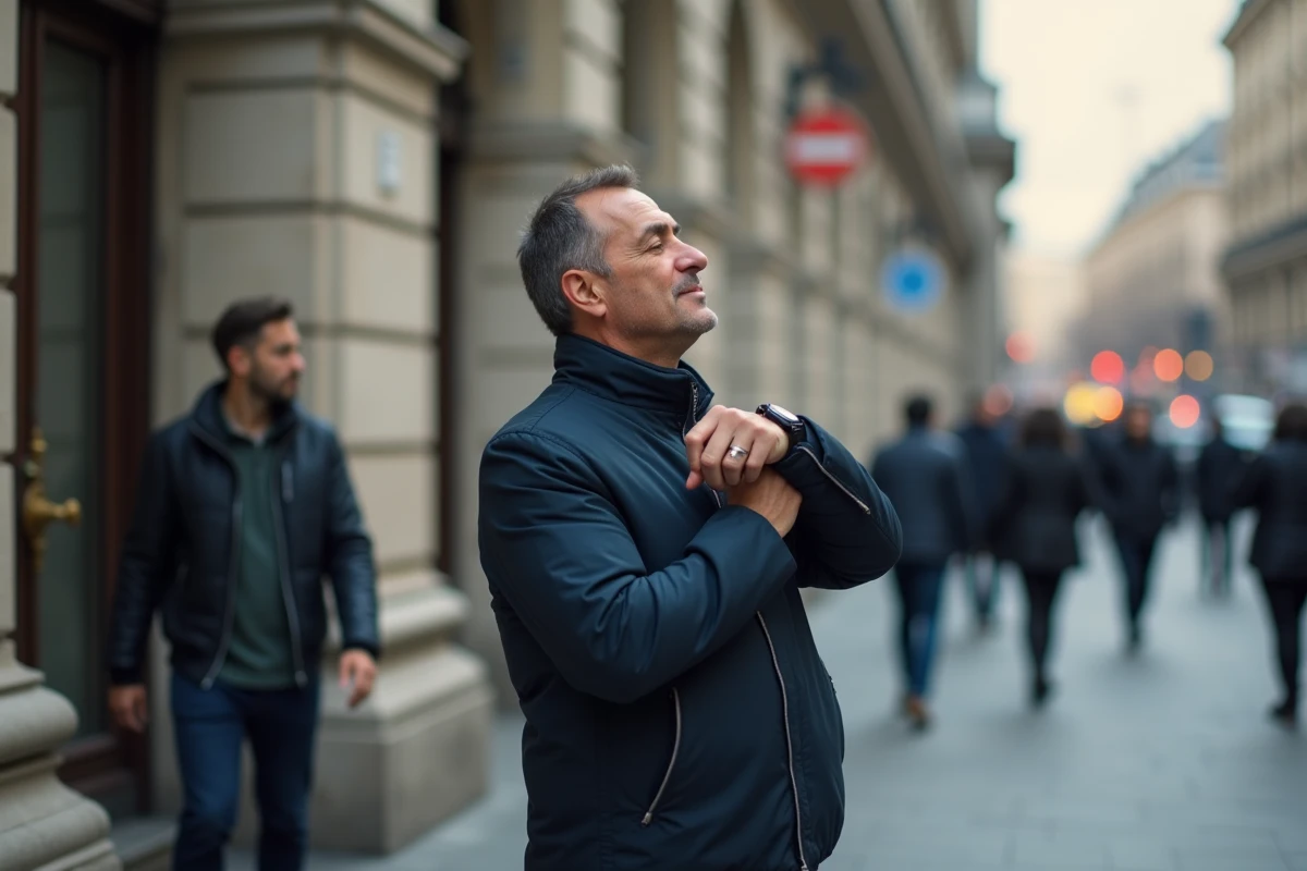 Homme faisant un vœu sur le trottoir en ville