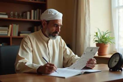 Homme consultant un horaire de prière islamique imprimé à Mantes-la-Jolie, calendrier hégirien posé sur un bureau en bois