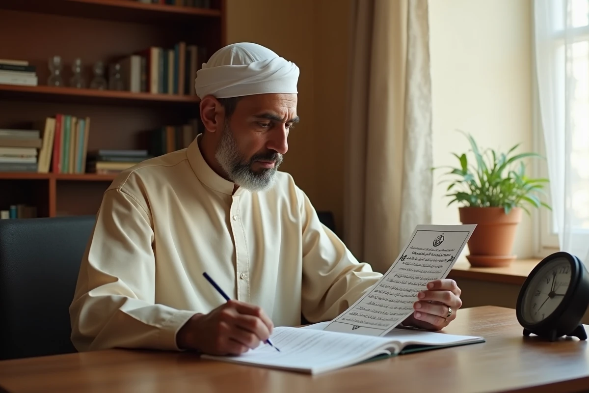 Homme consultant un horaire de prière islamique imprimé à Mantes-la-Jolie, calendrier hégirien posé sur un bureau en bois