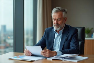 Homme d'âge moyen en costume bleu dans un bureau moderne