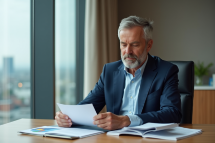 Homme d'âge moyen en costume bleu dans un bureau moderne