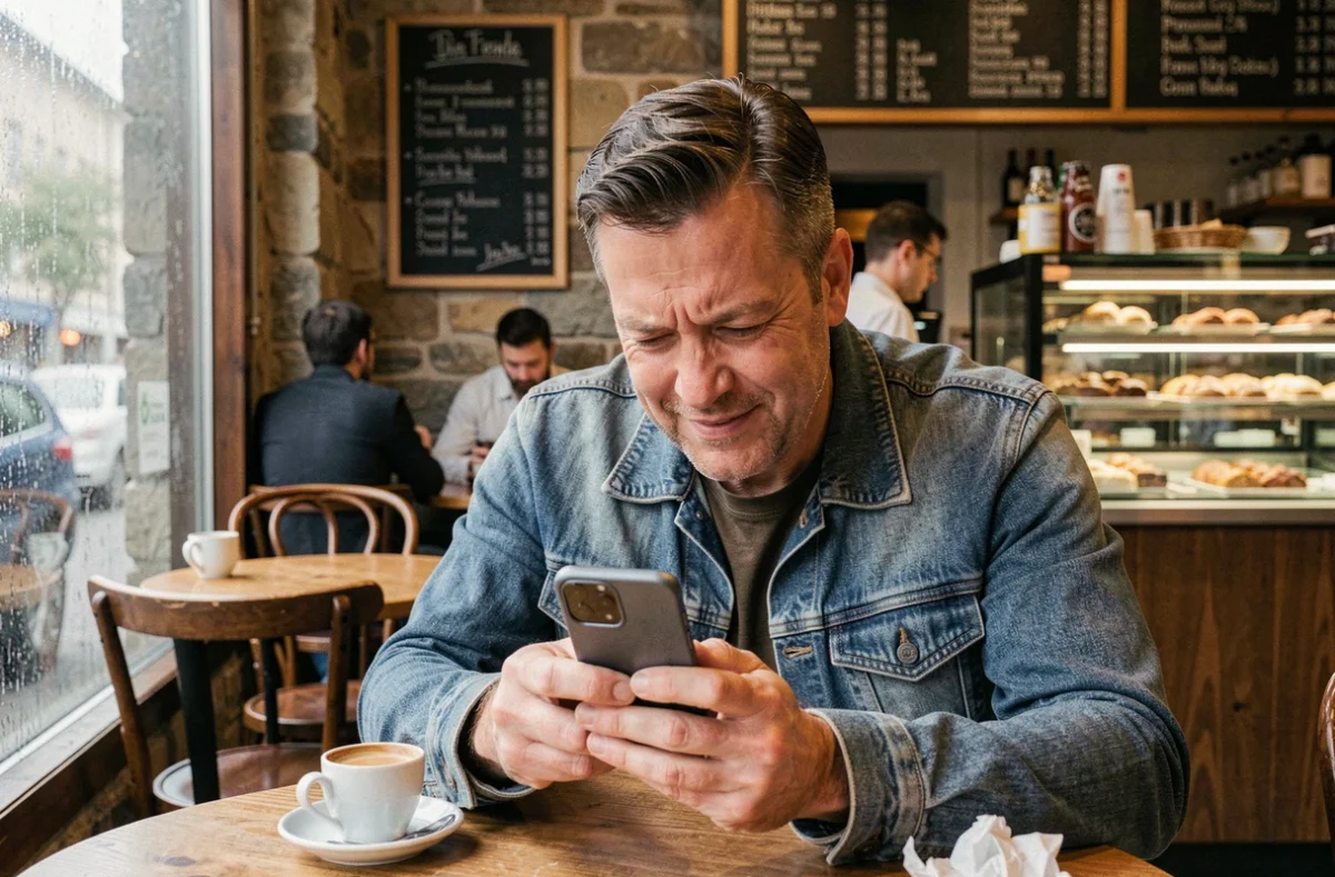 Homme absorbé par un jeu sémantique sur smartphone dans un café parisien sous la pluie