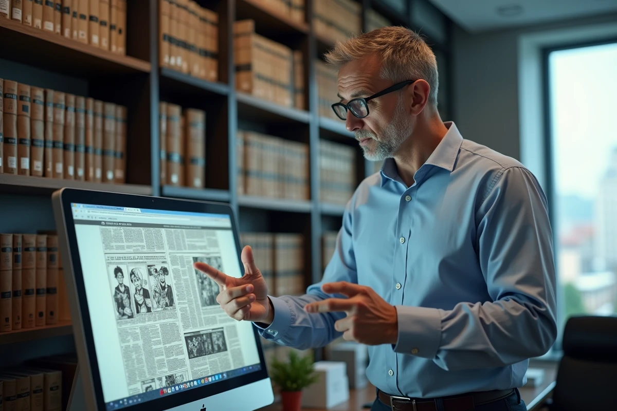 Homme expliquant des pages de manga avec avertissement copyright