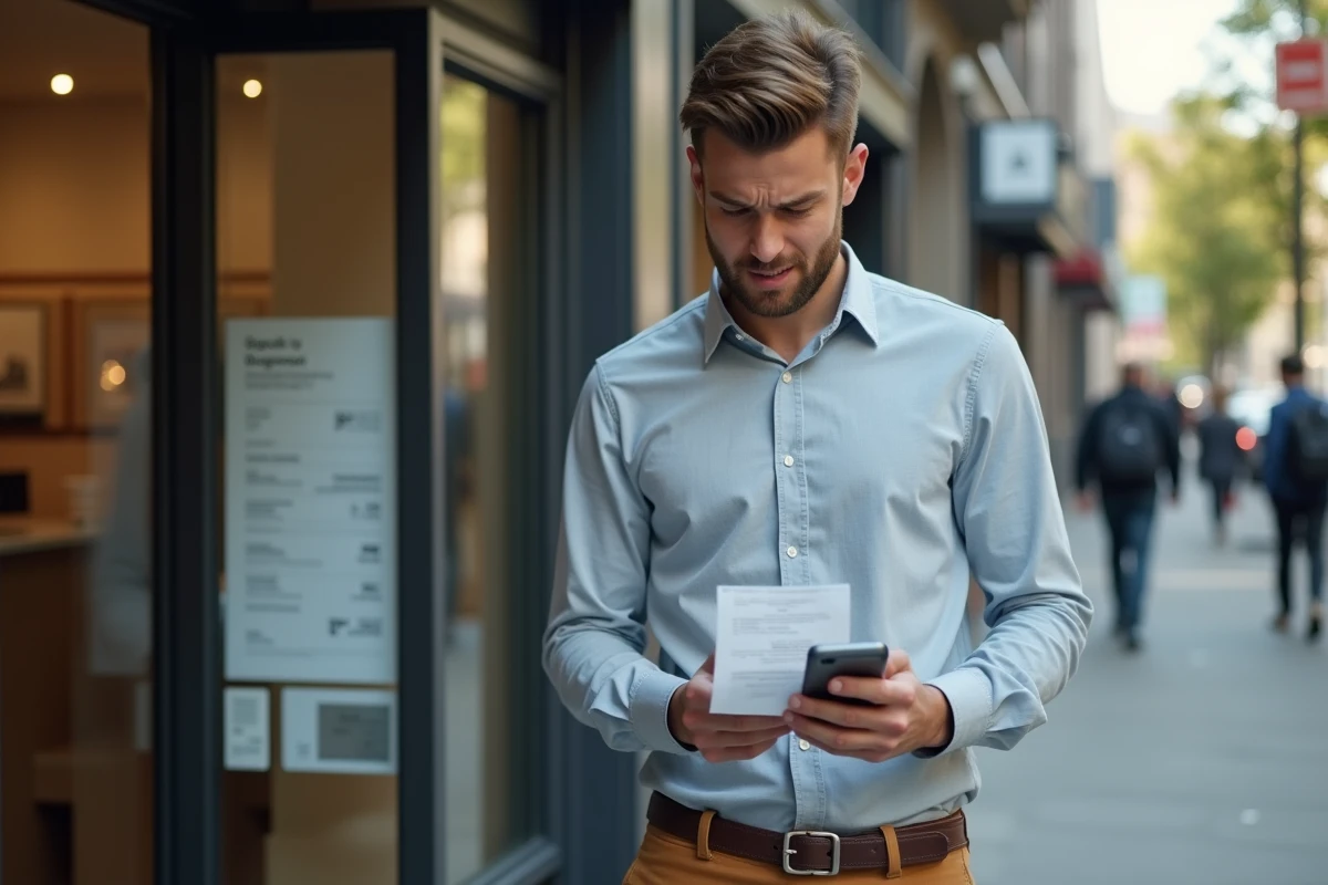 Jeune homme frustré devant un point de livraison en ville