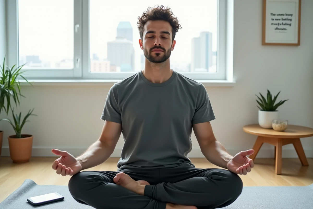 Homme méditant avec un téléphone affichant 14h41, explorant la synchronicité et la loi de l'attraction dans un appartement moderne
