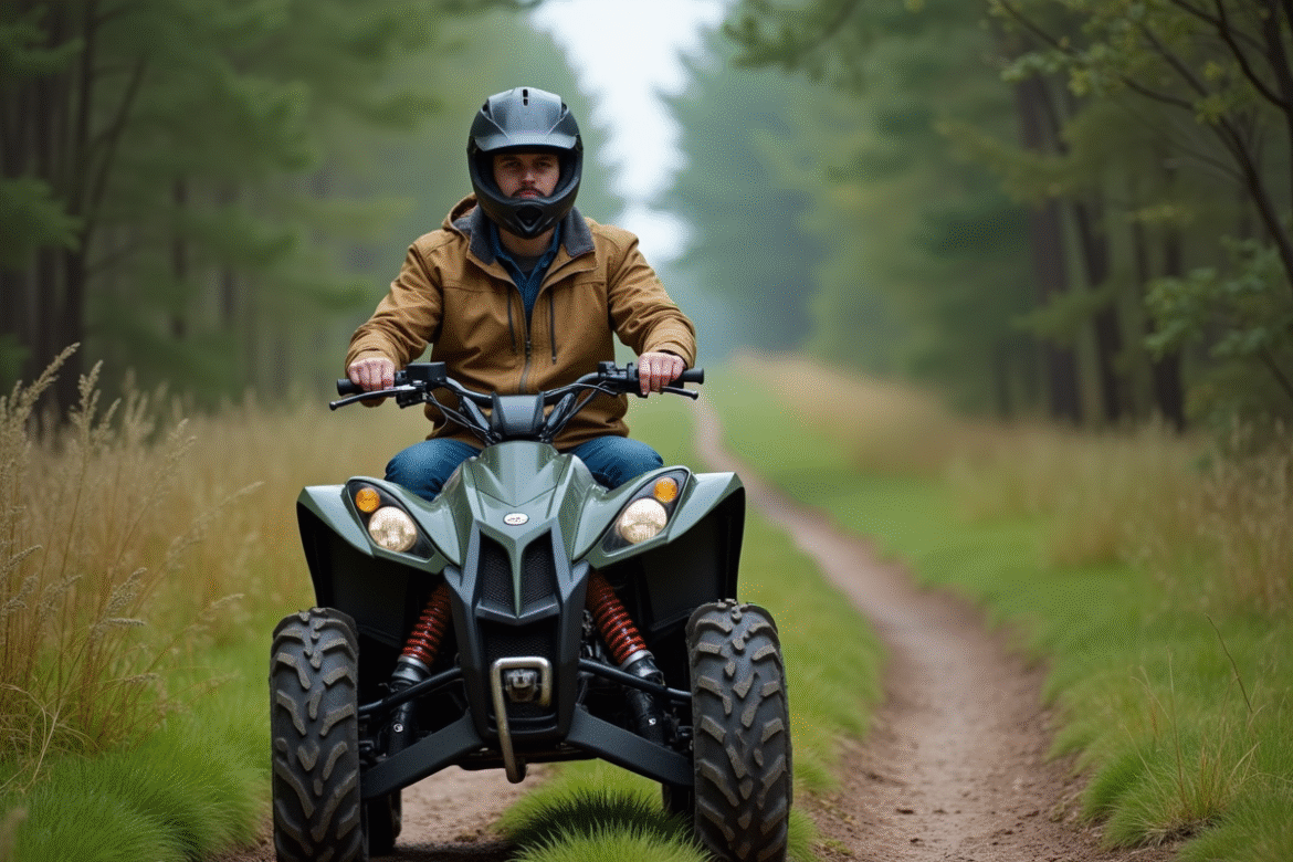 Homme adulte en quad dans une forêt verdoyante