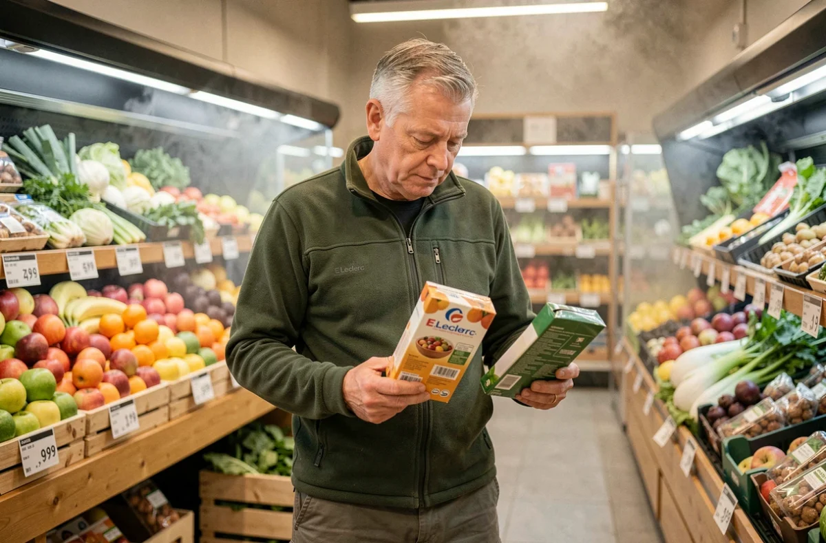 Homme comparant des produits dans le rayon fruits et légumes d'un supermarché E.Leclerc