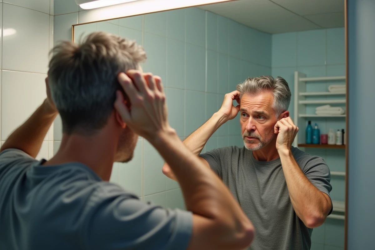 Homme se regardant dans le miroir de la salle de bain