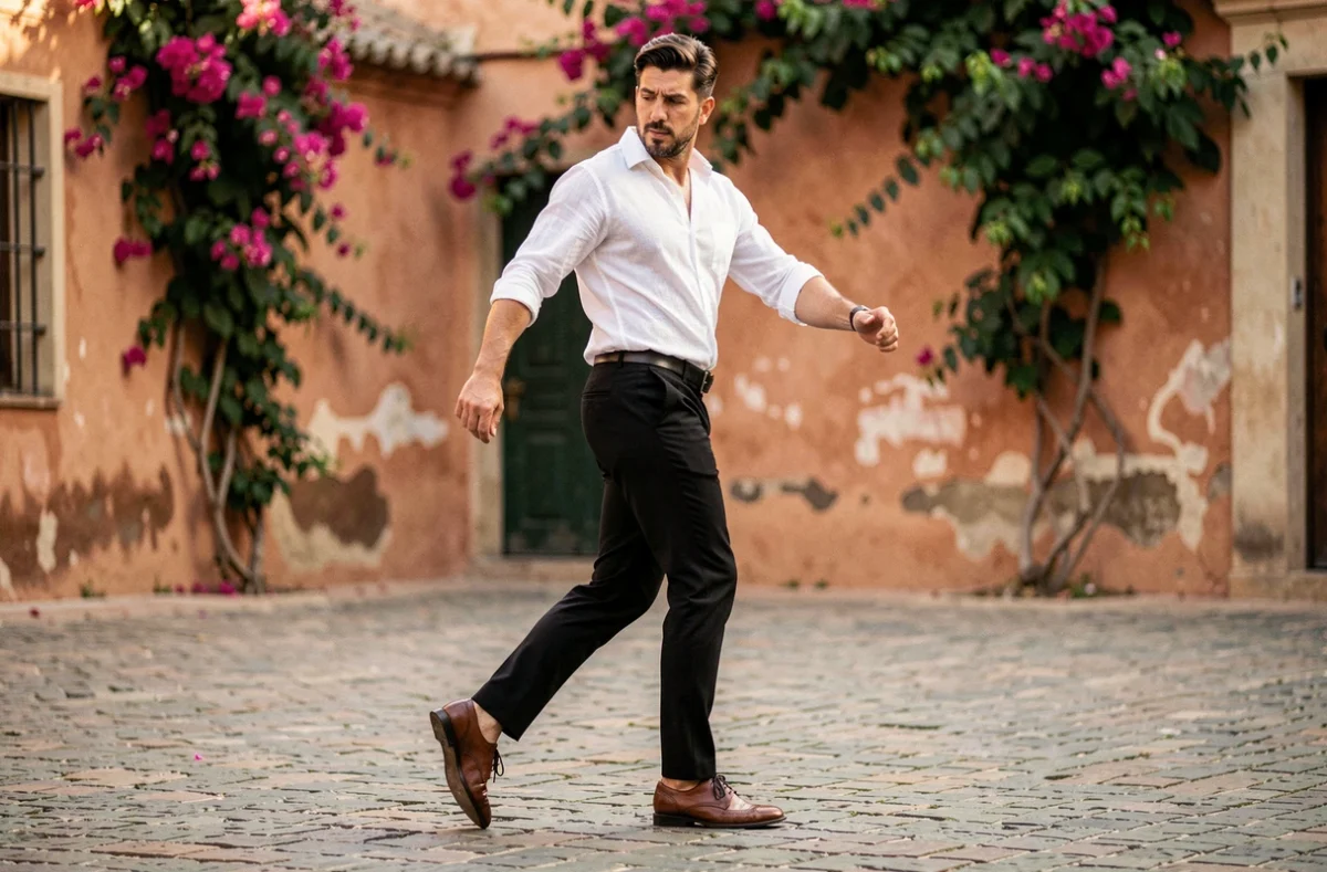 Homme pratiquant les Sevillanas dans une cour andalouse typique pour apprendre la danse espagnole