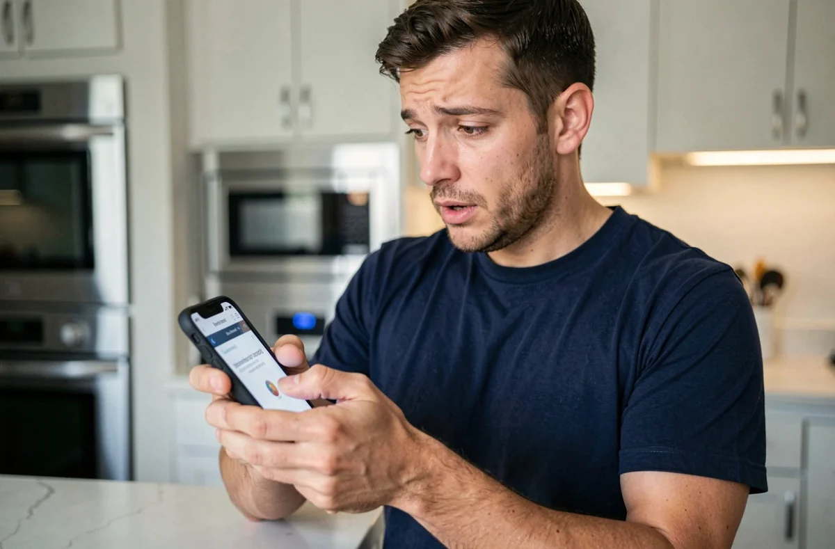 Homme cherchant la nouvelle adresse d'un site de streaming sur son smartphone dans une cuisine moderne