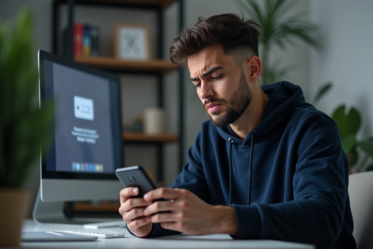 Jeune homme lisant un SMS frauduleux avec l'indicatif +212 sur son téléphone portable au bureau