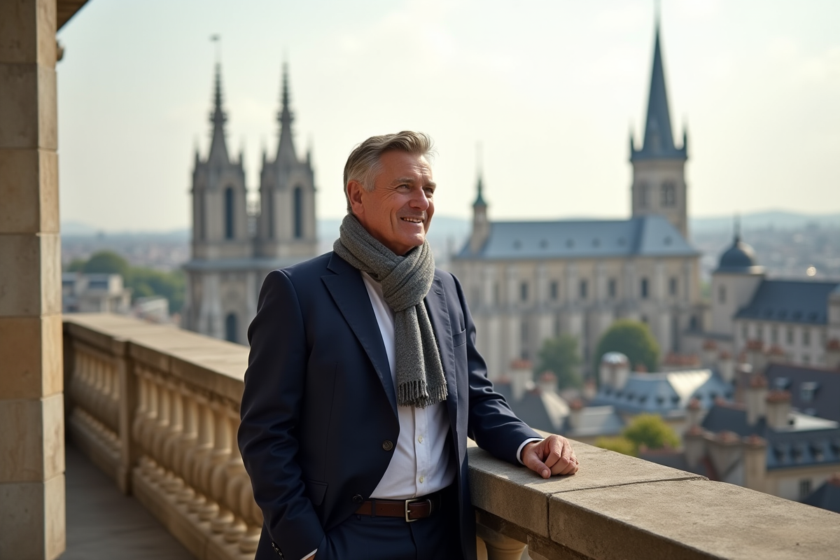 Homme en costume sur une terrasse avec vue sur Reims