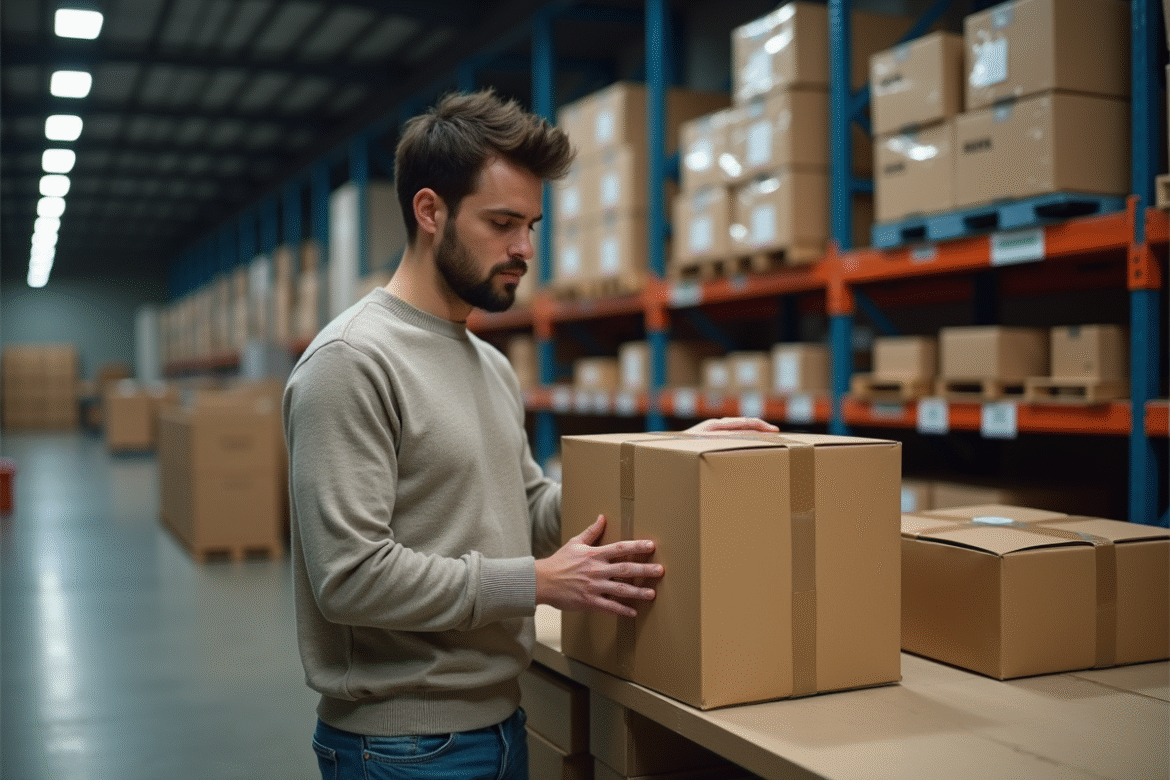 Homme dans un entrepôt examine un colis scelle