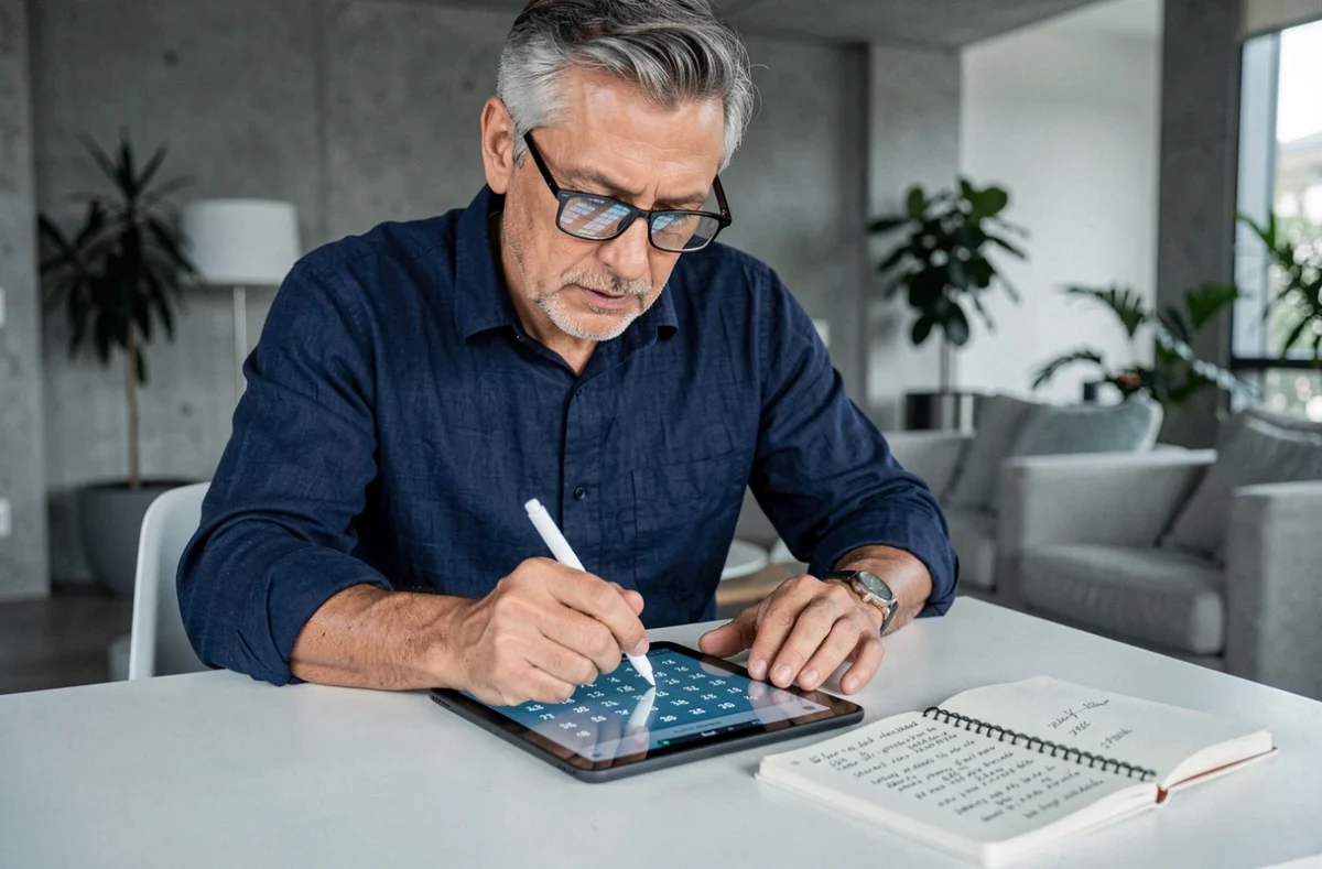 Homme d'âge mûr résolvant un yakazu en ligne sur tablette avec des notes manuscrites dans un appartement moderne