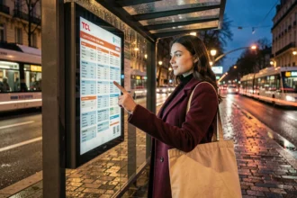 Jeune femme consultant les horaires de bus TCL à un arrêt de Lyon le soir