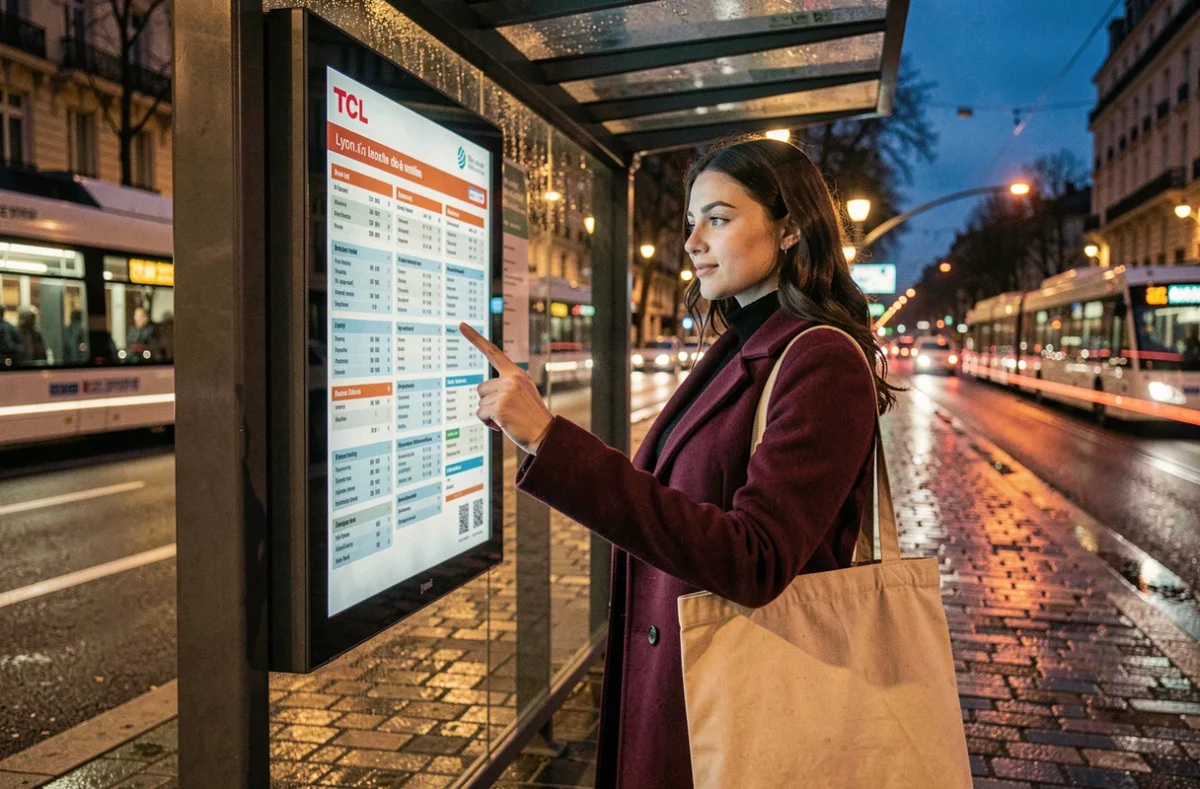 Jeune femme consultant les horaires de bus TCL à un arrêt de Lyon le soir