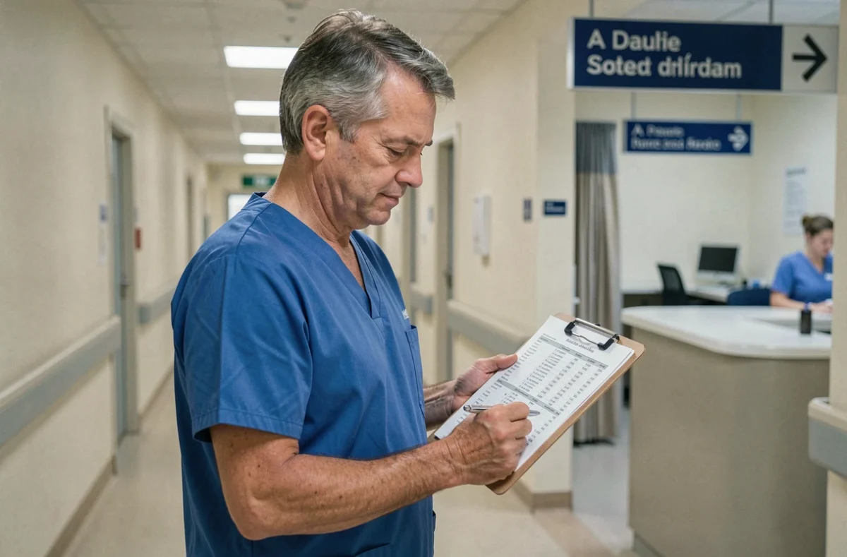 Infirmier travaillant un jour férié dans un couloir d'hôpital français