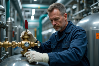 Ingénieur en combinaison ajustant une cuve d'hydrogene dans une usine