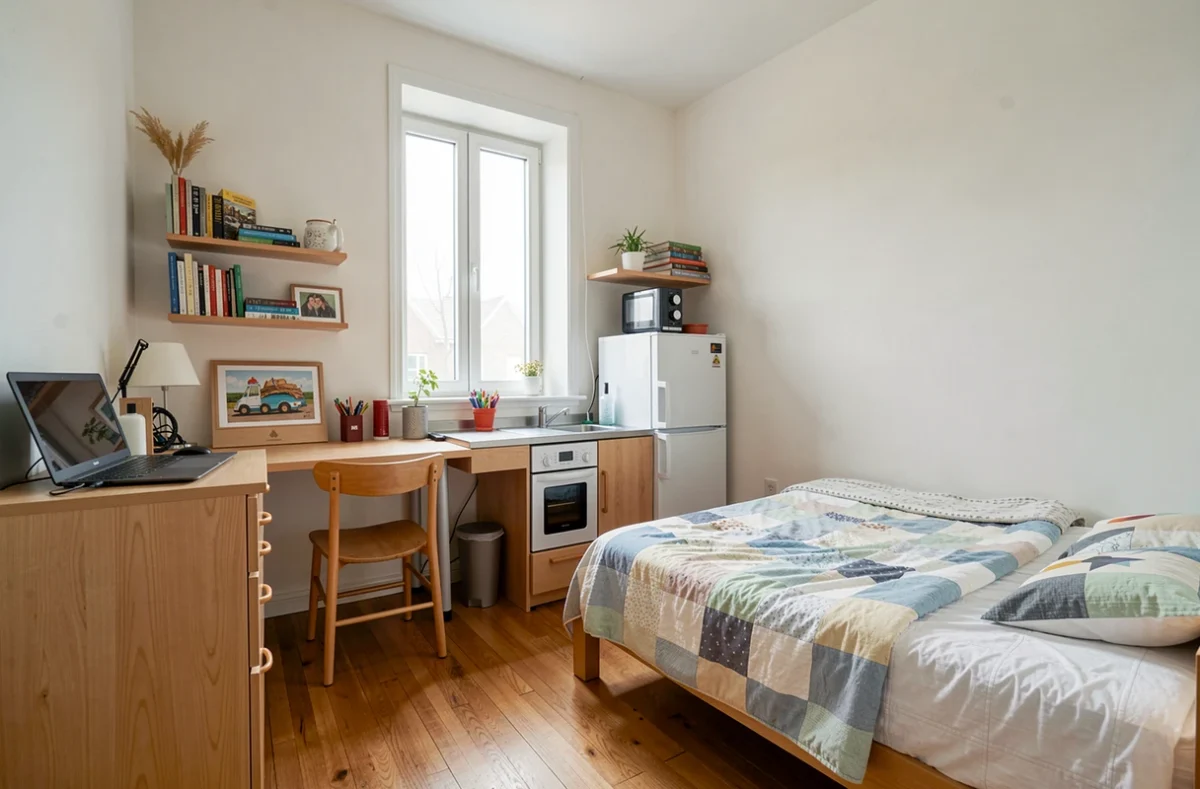 Intérieur d'un petit studio étudiant meublé avec kitchenette