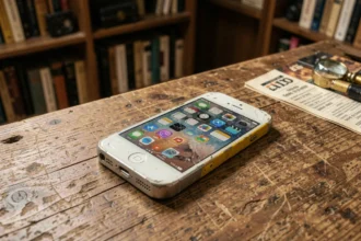 iPhone première génération posé sur un bureau en bois avec guide de collection vintage pour collectionneur