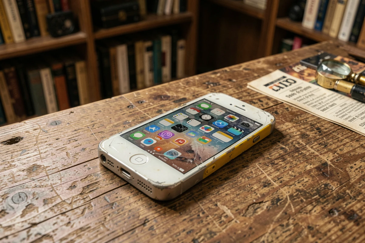 iPhone première génération posé sur un bureau en bois avec guide de collection vintage pour collectionneur