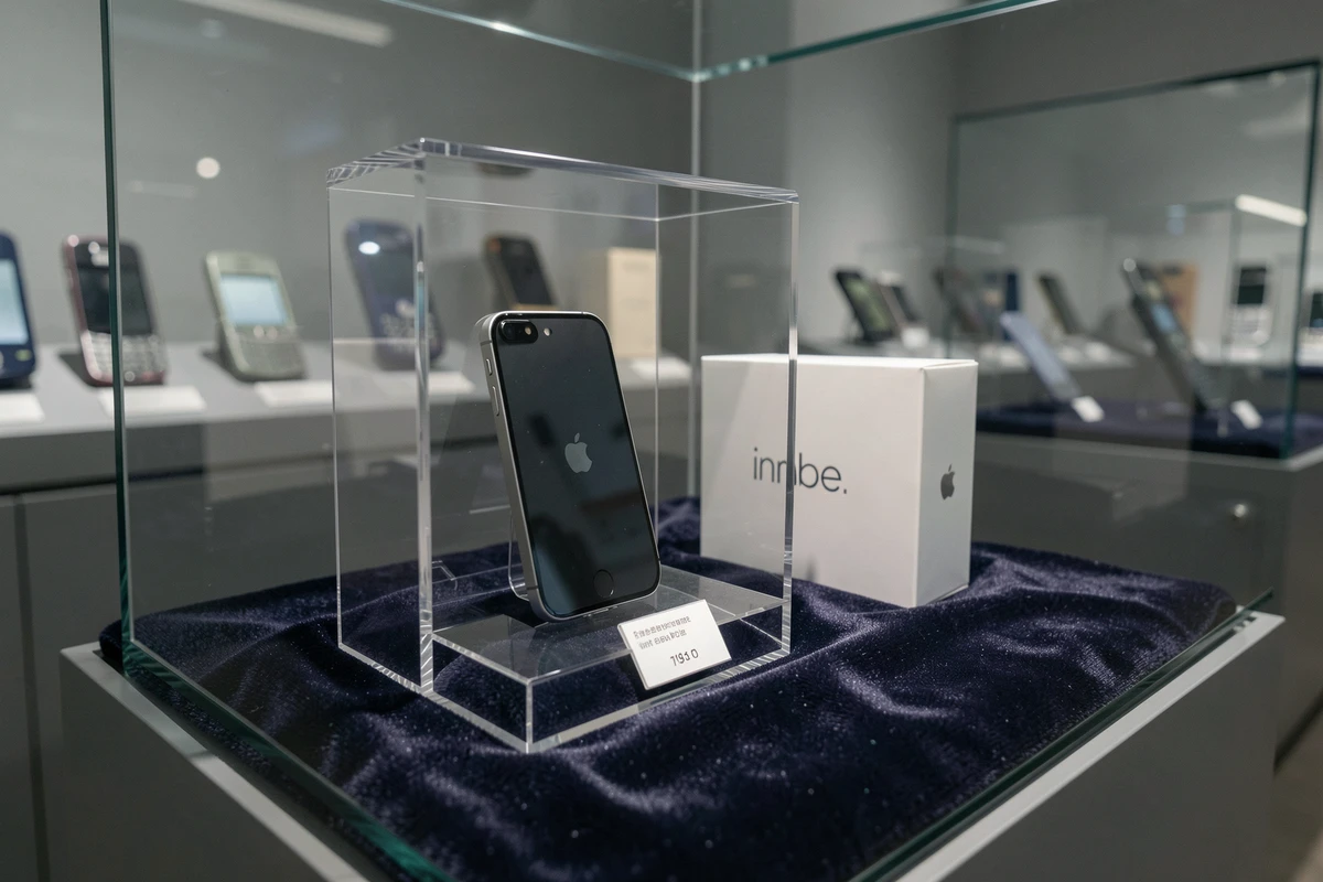 iPhone original première génération exposé dans une vitrine de collection avec boîte d'origine sur étagère de musée tech