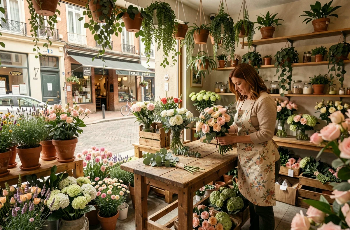 Boutique Jardin Saint-Jérôme à Toulouse avec décor végétal luxuriant et bouquets de fleurs champêtres