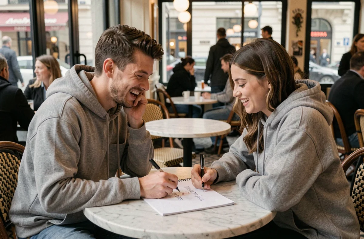 Deux jeunes adultes jouant au jeu du pendu avec des mots difficiles en français dans un café parisien