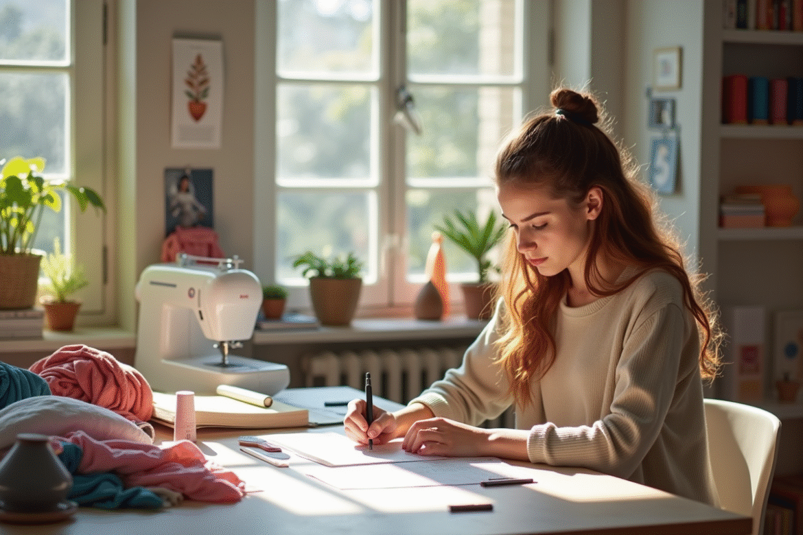 Jeune créatrice de mode dessinant dans un atelier lumineux