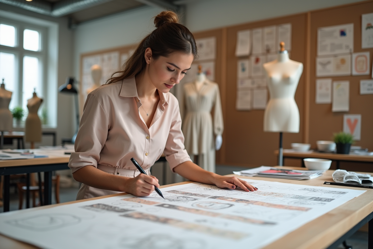 Jeune femme designer en studio de mode créatif