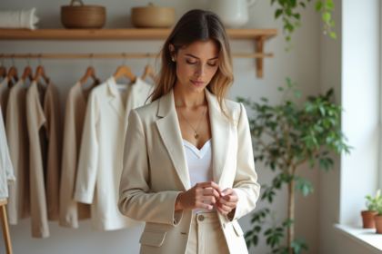 Jeune femme examine une étiquette de vêtement dans une boutique écologique
