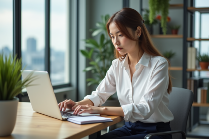 Jeune femme en bureau moderne travaillant sur son ordinateur