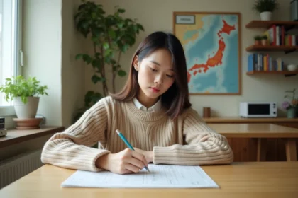 Jeune femme japonaise remplissant un mots croises dans sa cuisine