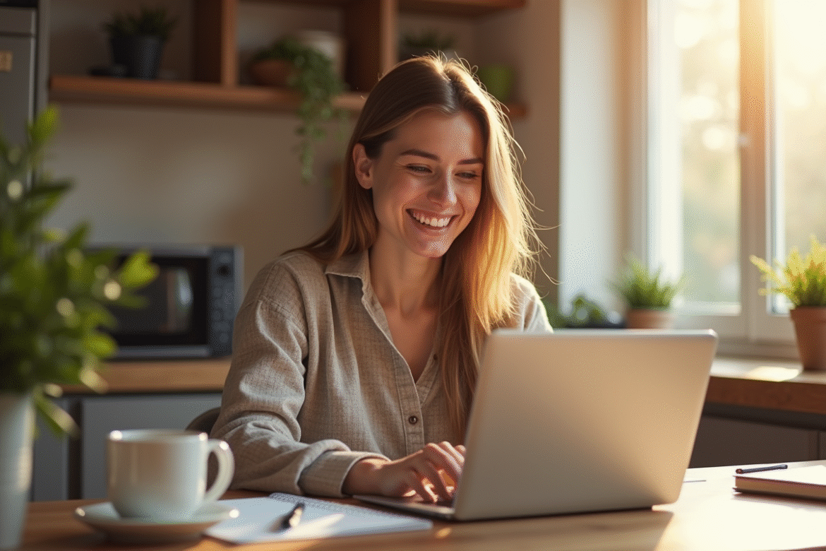 Jeune femme souriante vérifiant ses finances sur un ordinateur portable