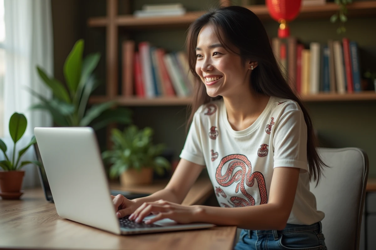 Jeune femme souriante jouant à un jeu Google Doodle dans un bureau cosy