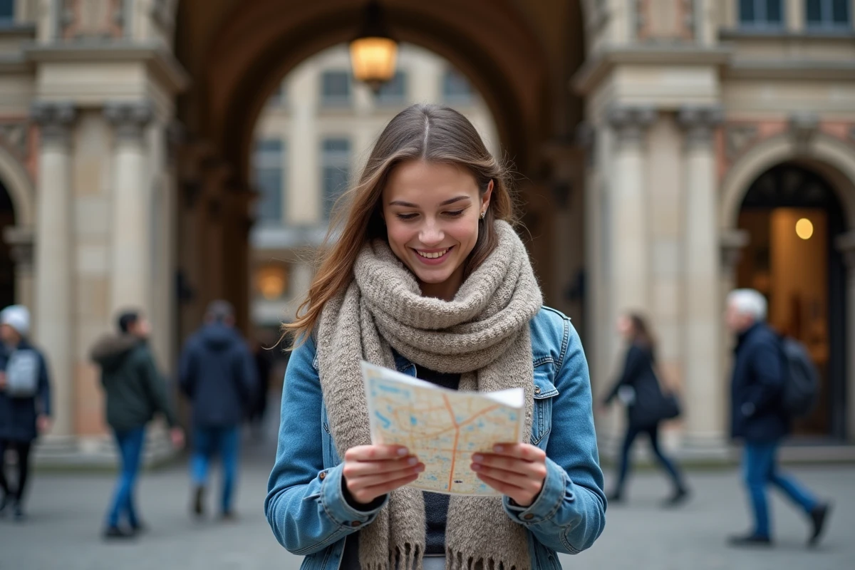 Jeune femme avec carte devant la vieille bourse de Lille