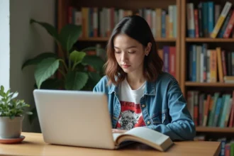 Jeune femme lisant un manga à la maison dans un décor cosy