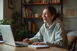 Jeune femme qui rit devant son ordinateur portable en regardant des vidéos brainrot sur internet