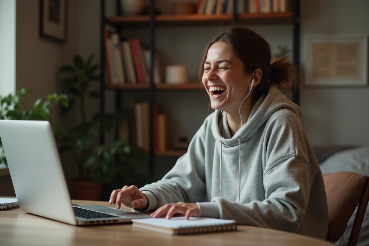 Jeune femme qui rit devant son ordinateur portable en regardant des vidéos brainrot sur internet