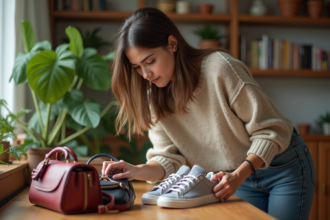 Jeune femme triant des sacs vintage dans un intérieur cosy