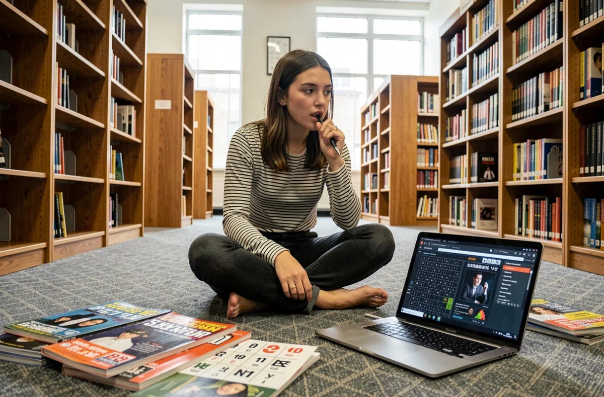 Jeune femme assise par terre dans une bibliothèque entourée de magazines de yakazu et d'un ordinateur portable ouvert