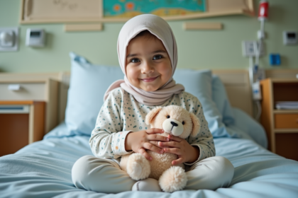 Jeune fille souriante avec un doudou dans un lit d'hôpital