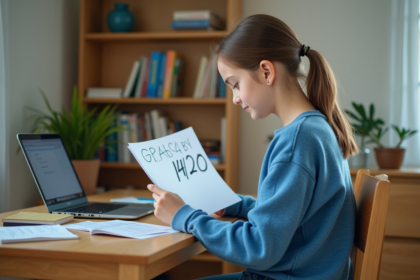 Jeune fille de 15 ans avec un papier noté 14 sur 20