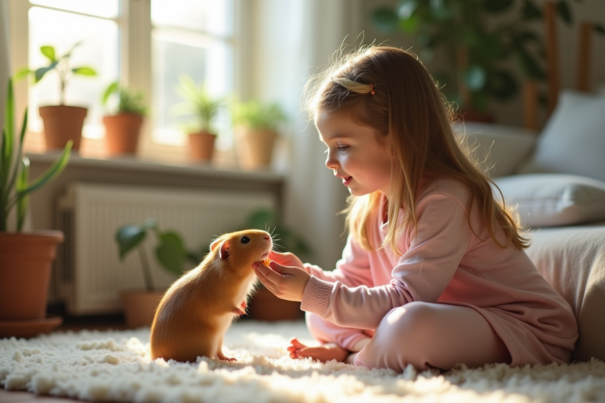 Jeune fille donnant à manger à un lapin dans un salon lumineux