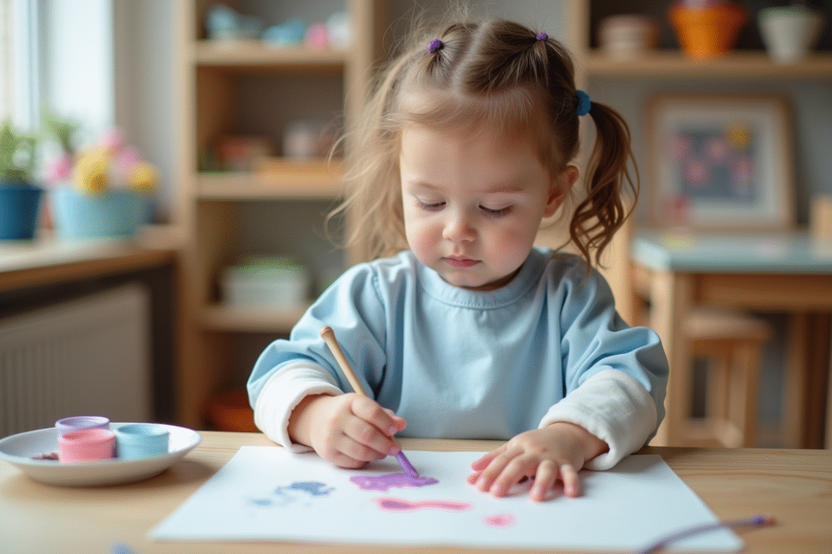 Petite fille peignant avec ses doigts dans une salle lumineuse