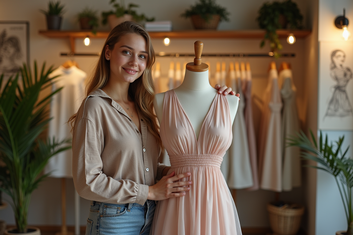 Jeune fille présentant sa robe dans une boutique stylée